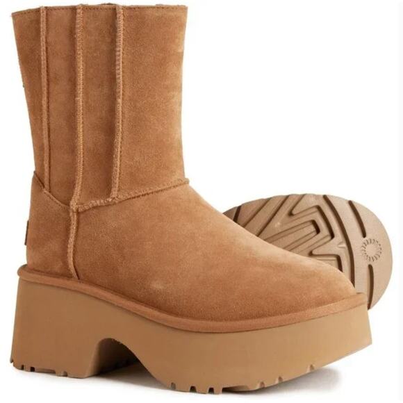 UGG NWOT Classic Twin Seam New Heights Boots Platform Suede Chestnut Womens 10 - Picture 1 of 15